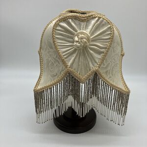 VTG Dale Tiffany Lamp Shade Cream Heart Glass Beaded Fringe Boudoir Romantic